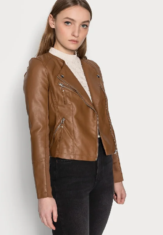 Women's Tan Brown Leather Biker Jacket Fleece Fabric Down Fabric Feather Fabric