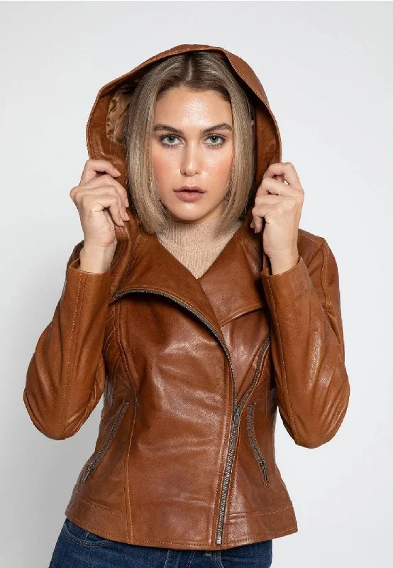 Women's Tan Brown Leather Hooded Biker Jacket Faux Fur Jacket Real Fur Jacket Shearling Jacket