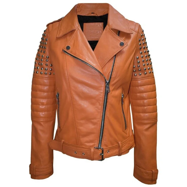 Women's Tan Brown Studded Leather Biker Jacket Hooded Jacket Caped Jacket Shawl Collar Jacket