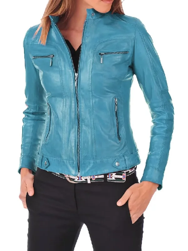 Women's Turquoise Blue Genuine Lambskin Leather Biker Jacket Quilted Jacket Puffer Jacket Insulated Jacket