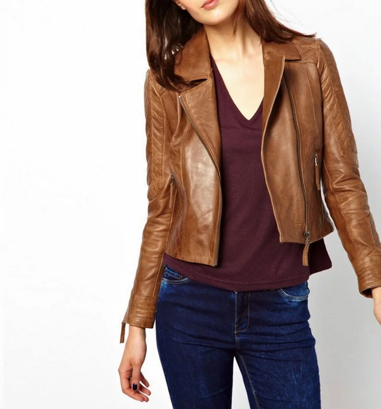 Women's Distressed Tan Rub-off Sheep Leather Spread Collar Jacket One-Shoulder Jacket Off-the-Shoulder Jacket Asymmetrical Jacket