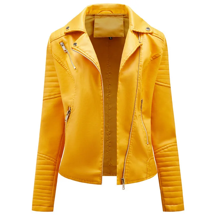 Women's Yellow Leather Moto Biker Jacket Stand-Up Collar Roll-Neck Collar Turtle Neck