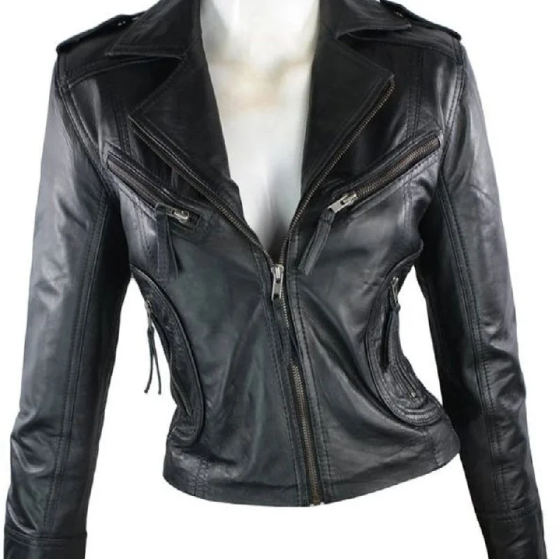 Womens Zipper Design Black Biker Leather Jacket Front Pockets Side Pockets Patch Pockets