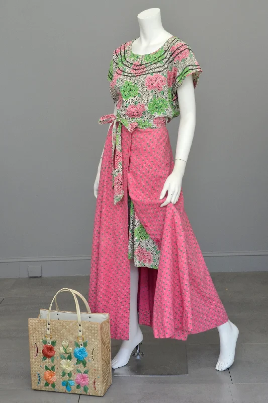 1970s Preppy Pink and Green Heart Shaped Floral Print Button Down Maxi Skirt elastic waist skirt