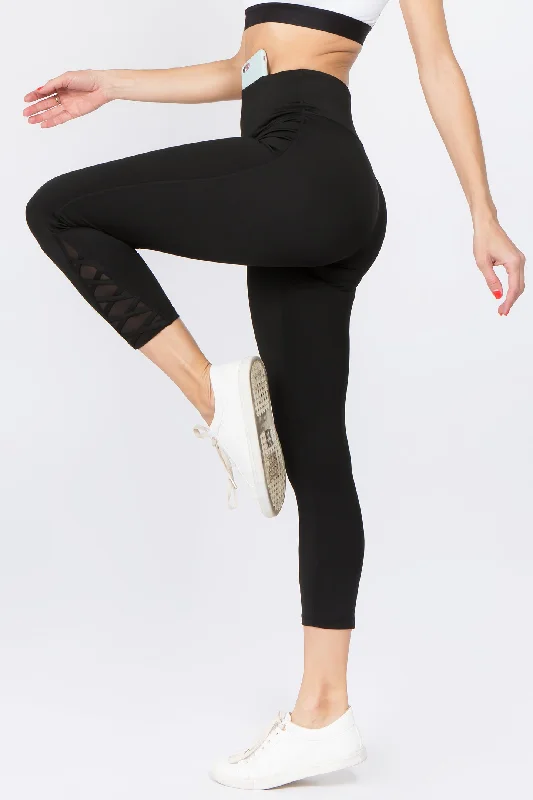 Active Mesh Lace-Up Crop Legging Fashionable Tummy Control Leggings