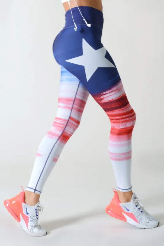 Active Red, White, & Blue Star Graphic Leggings Cozy Reflective Detail Leggings