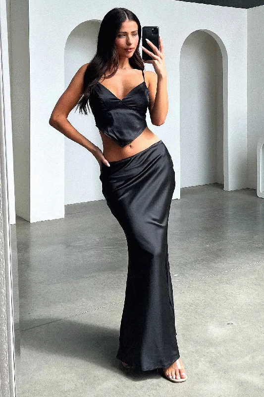 Adira Maxi Skirt - Black satin skirt smooth