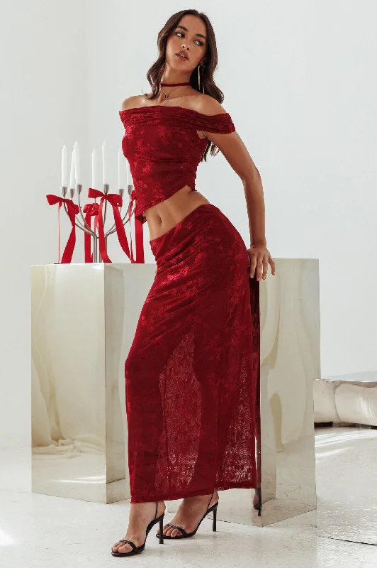 After Party Floral Mesh Maxi Skirt Burgundy lace skirt intricate