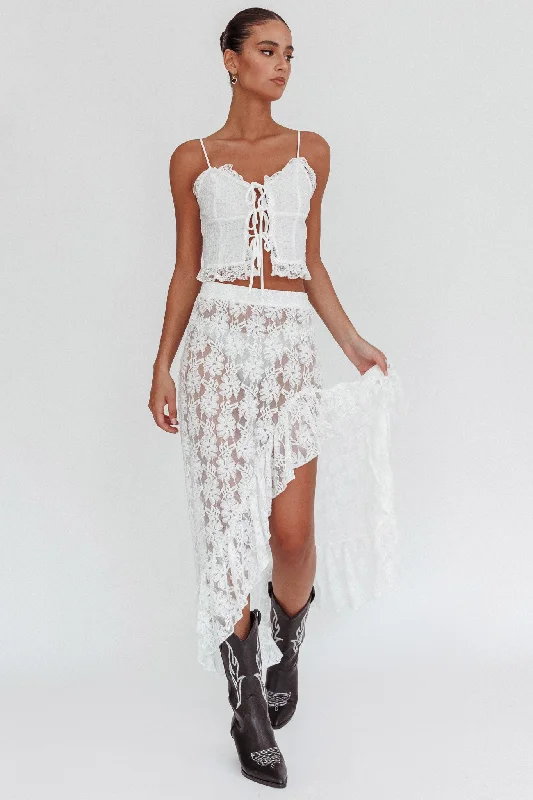 Besties Asymmetric Hem Maxi Skirt Ivory lace skirt feminine