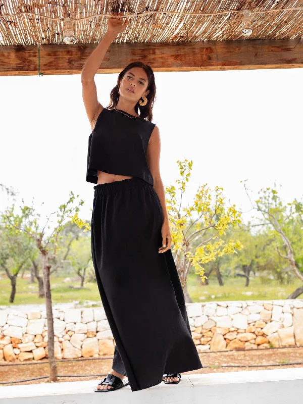 Black Linen Blend Maxi Skirt chiffon skirt lightweight