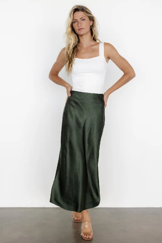 Celeste Satin Midi Skirt | Dark Green ruffled skirt detail