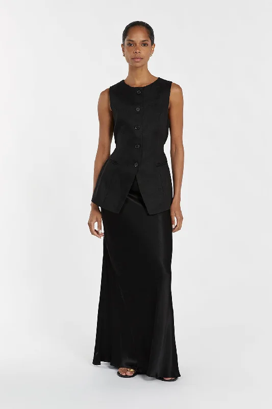 CHARLI BLACK SATIN MAXI SKIRT ribbed skirt waist
