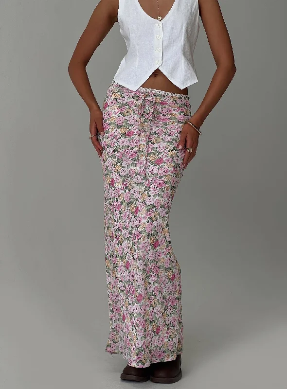 Emily Maxi Skirt Pink Floral satin skirt smooth