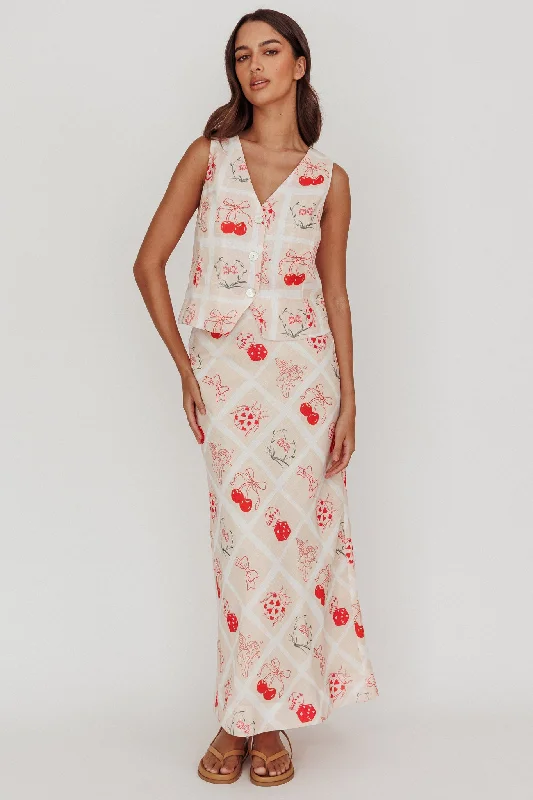 Flowering Romantic Print A-Line Maxi Skirt Beige silk skirt lustrous
