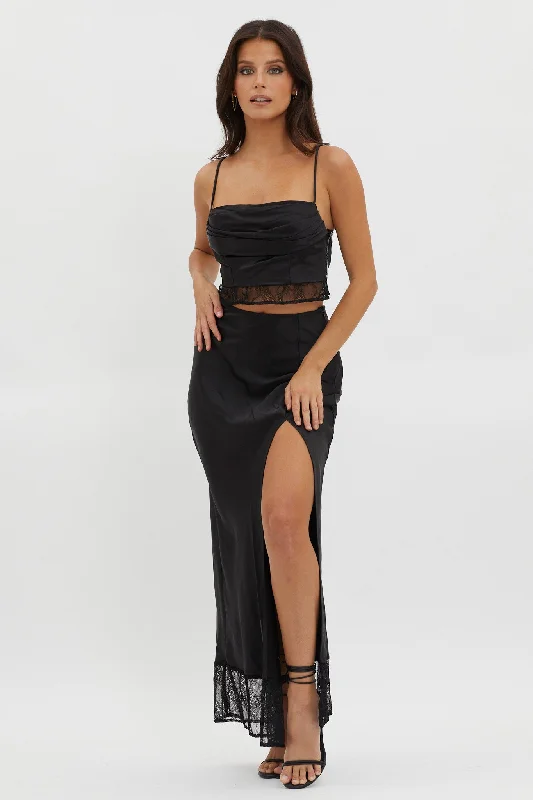 For The Moment Lace Trim Maxi Skirt Black floral skirt print