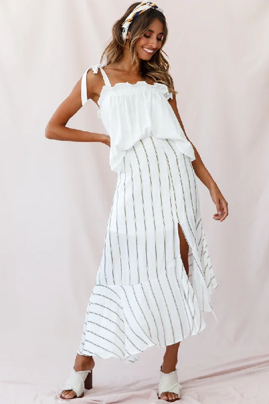 Friday Front Split Maxi Skirt Stripe Print Mustard/Navy silk skirt luxurious