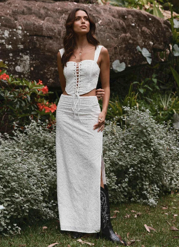 Georgia Peaches Broderie Maxi Skirt - Whisper White satin skirt smooth