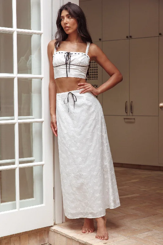 Helga Eyelet Embroidery Bow Maxi Skirt White corduroy skirt textured