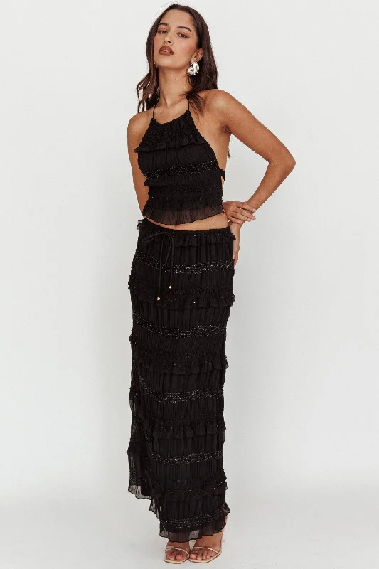 Helios Shirred Sequin Maxi Skirt Black chiffon skirt delicate