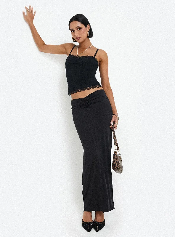 Kalyn Ruched Front Maxi Skirt Black belted skirt waist