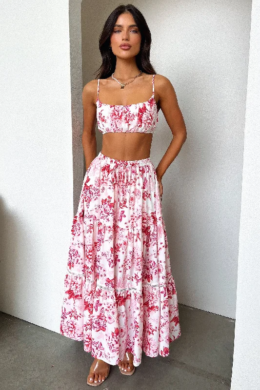 Kei Maxi Skirt - Pink / Red Floral high slit skirt