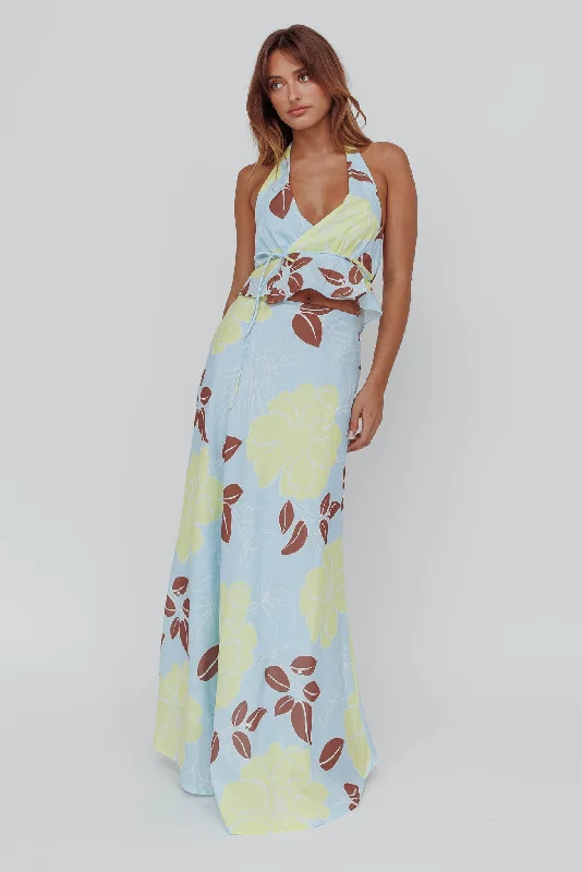 Kika Maxi Skirt Floral Blue linen skirt breathable