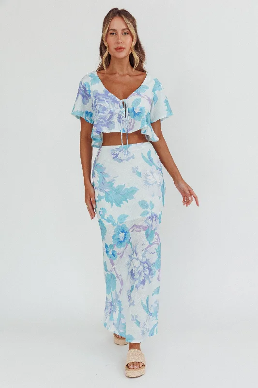 La Vie Floral Maxi Skirt Floral Blue pencil skirt chic