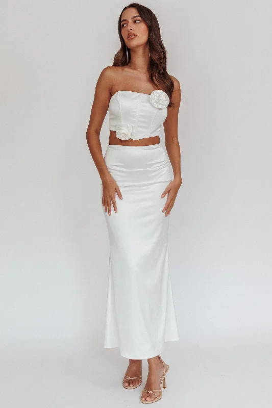 Like A Dove Satin Maxi Skirt Oyster button skirt front