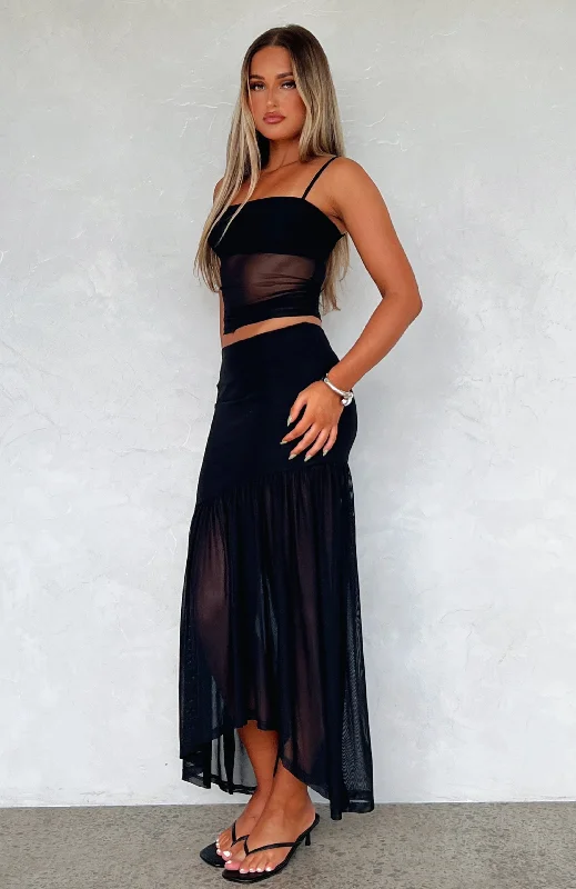 Loved Up Mesh Maxi Skirt Black lace skirt elegant