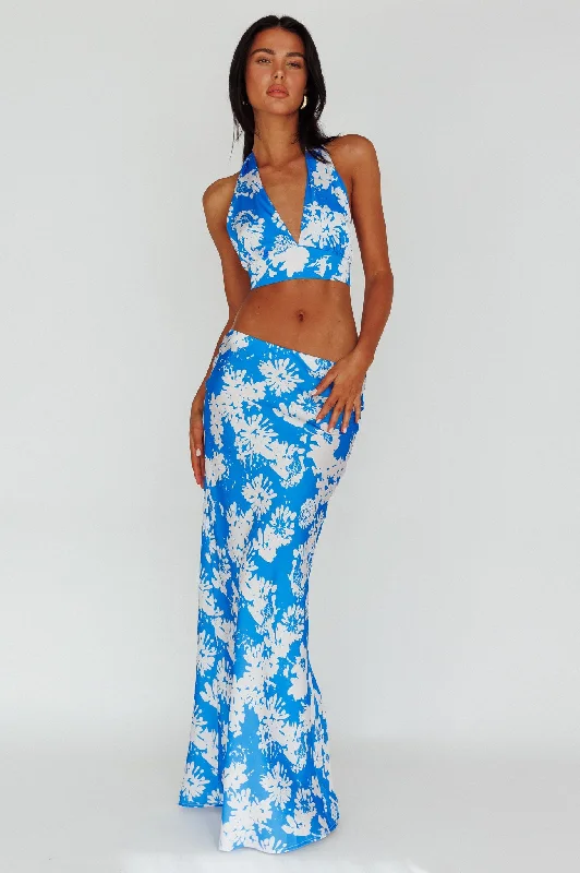 Manila Satin Maxi Skirt Blue Floral floral skirt print