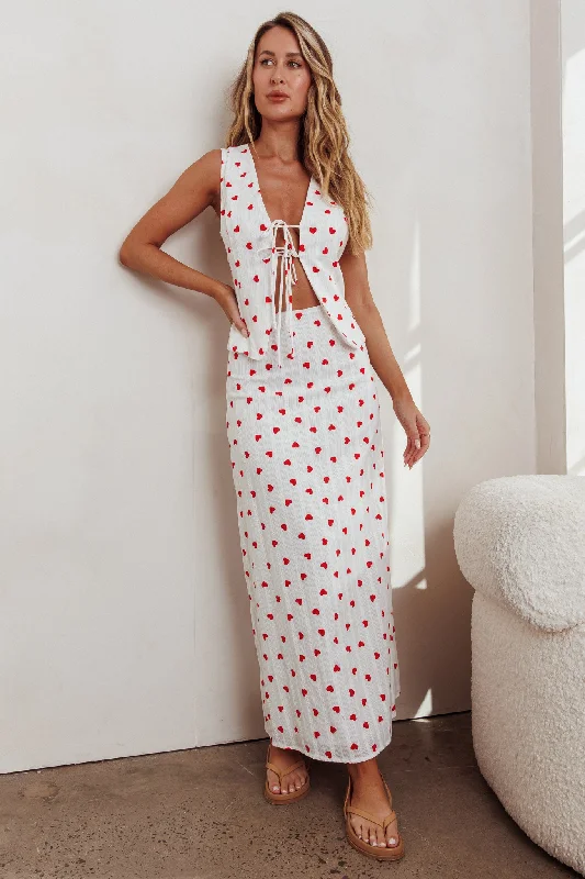 Meet Me There Maxi Skirt Hearts White pleated skirt texture
