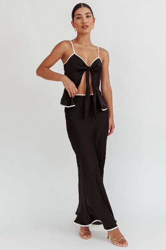 Only One Contrast Trim Maxi Skirt Black silk skirt smooth