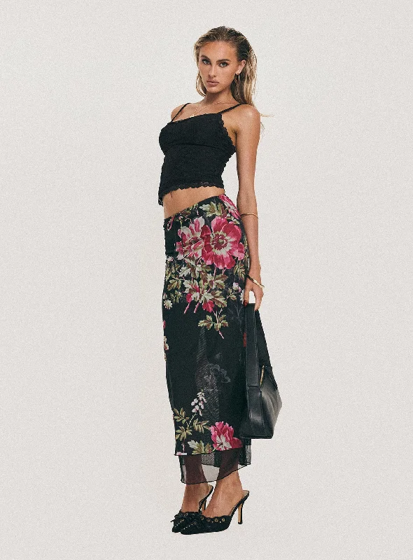 Paganio Maxi Skirt Black Floral asymmetrical skirt cut