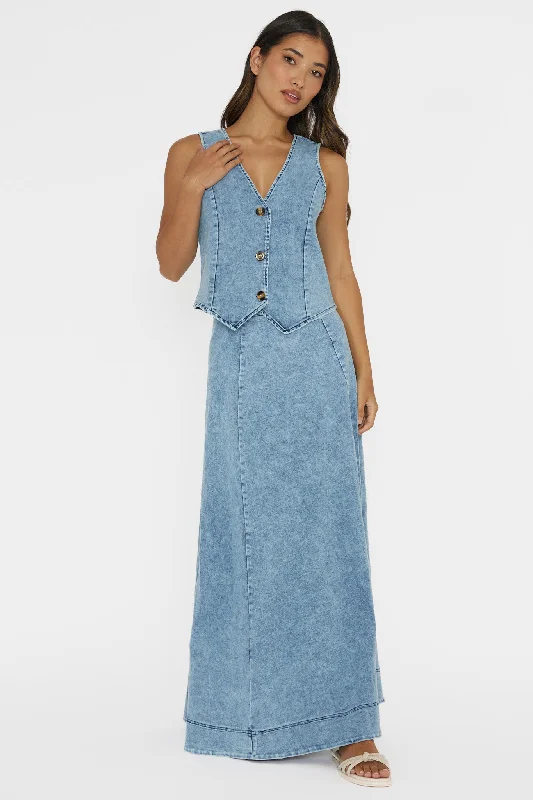 Rhythms A-Line Maxi Skirt Denim Blue asymmetrical skirt cut