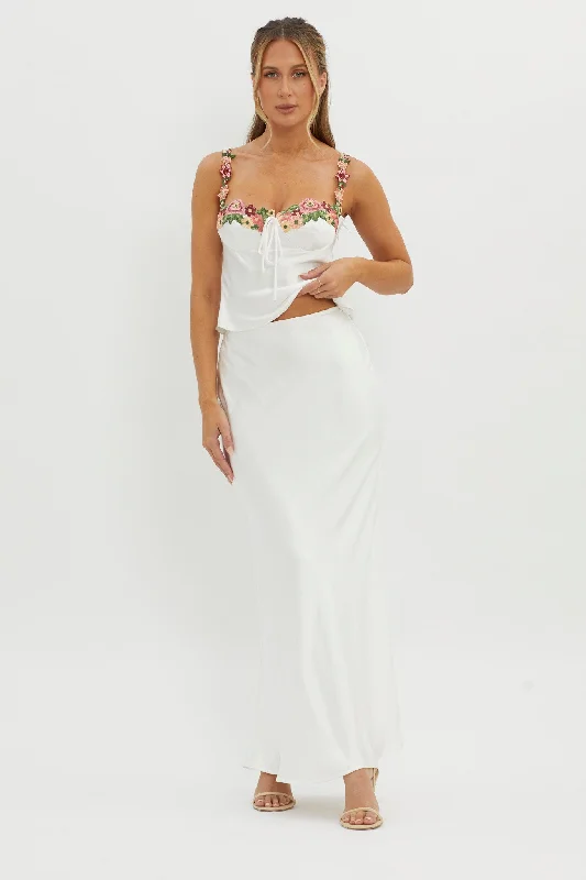 Rose Garden Satin Maxi Skirt White slim fit skirt