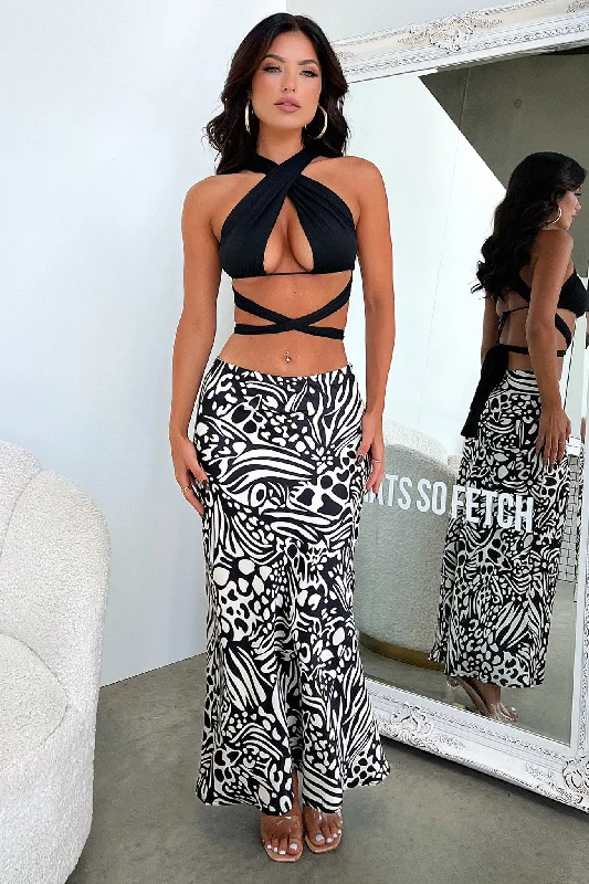 Santorini Maxi Skirt - Black / White Print breathable skirt fabric
