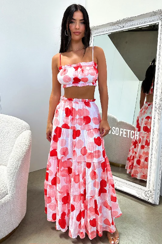 Selina Maxi Skirt - Red / White Print wool skirt breathable