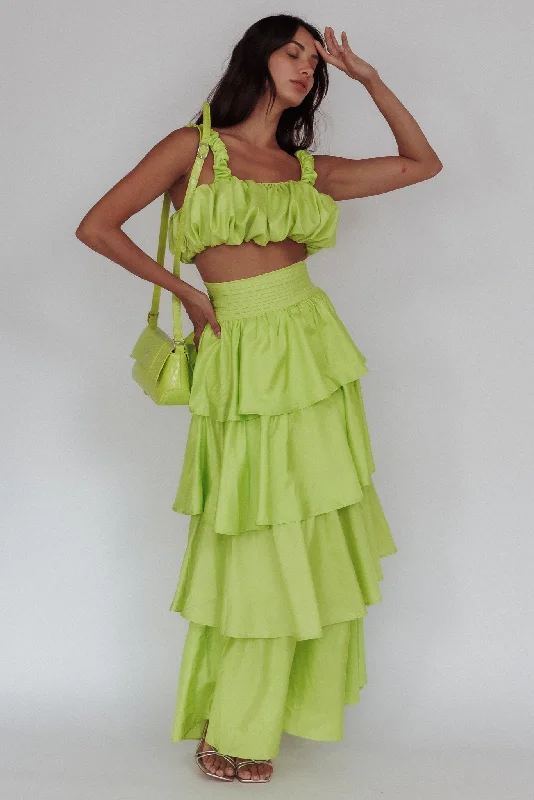 Sozo Layered Maxi Skirt Lime zip skirt side