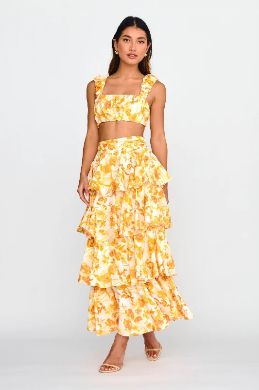 Suenito Tiered Frill Maxi Skirt Floral Orange button skirt front