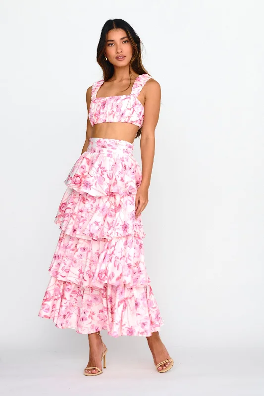 Suenito Tiered Frill Maxi Skirt Floral Pink denim skirt classic