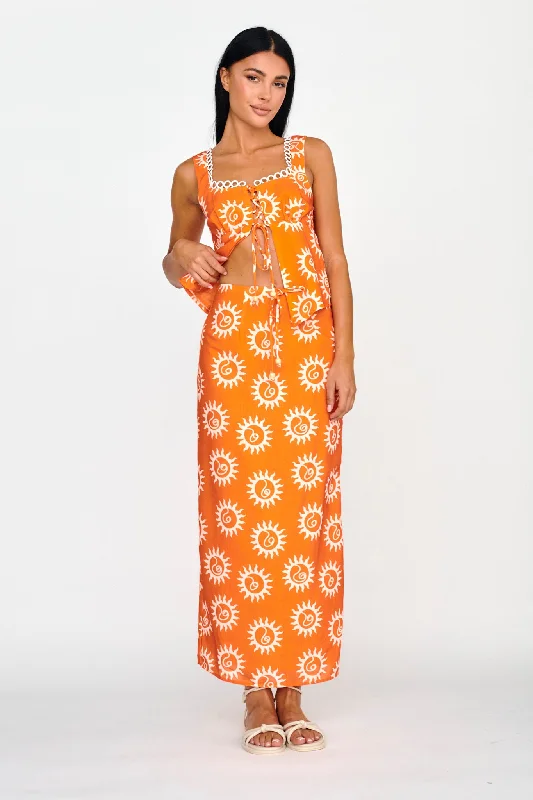 Sun Days Midi Skirt Sun Orange elastic waist skirt