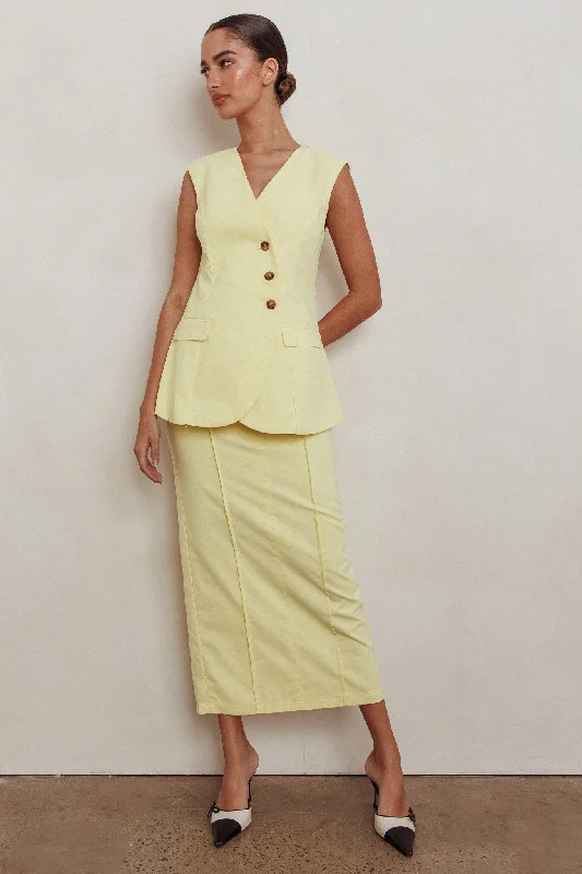 Sweet Treat Column Midi Skirt Lemon chiffon skirt airy