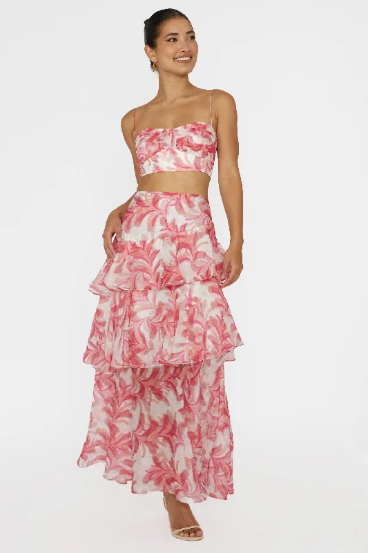 Veda Tiered Ruffle Maxi Skirt Floral Pink patchwork skirt art