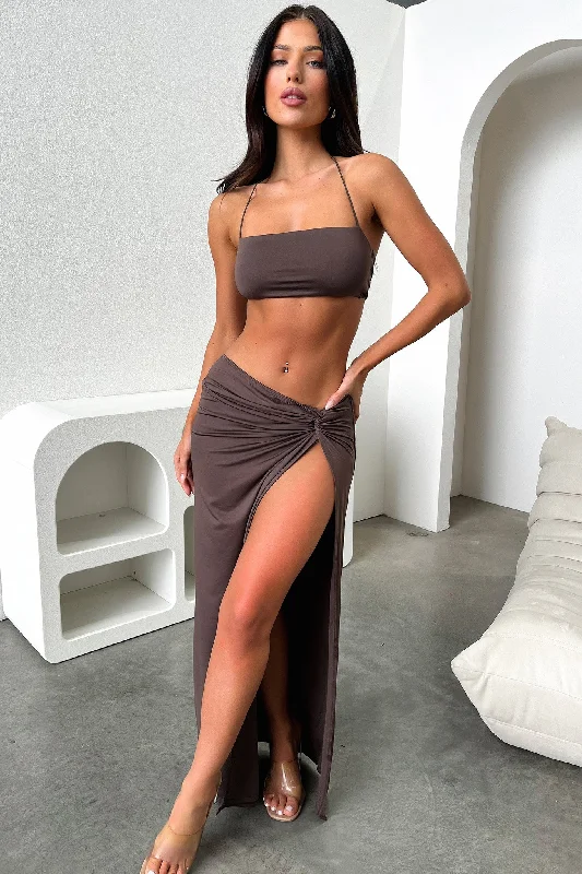 Victoria Maxi Skirt - Dark Brown button skirt front