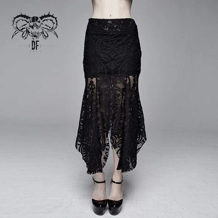 Women's Goth Floral Translucent Fishtail Skirt denim skirt stylish