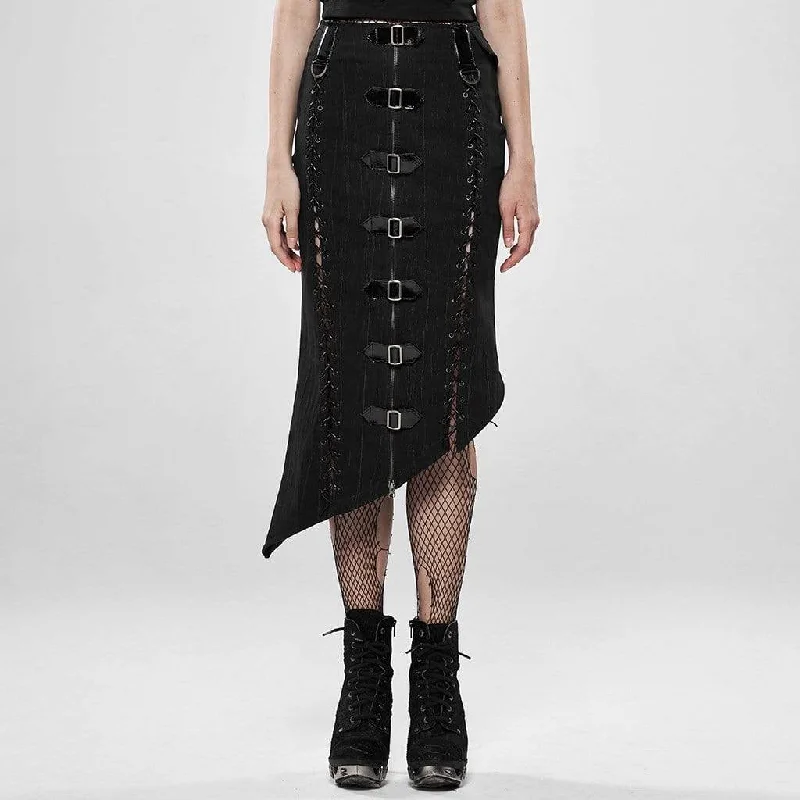 Women's Goth Military Style Zipper Fly Mermaid Skirts Black chiffon skirt flowing