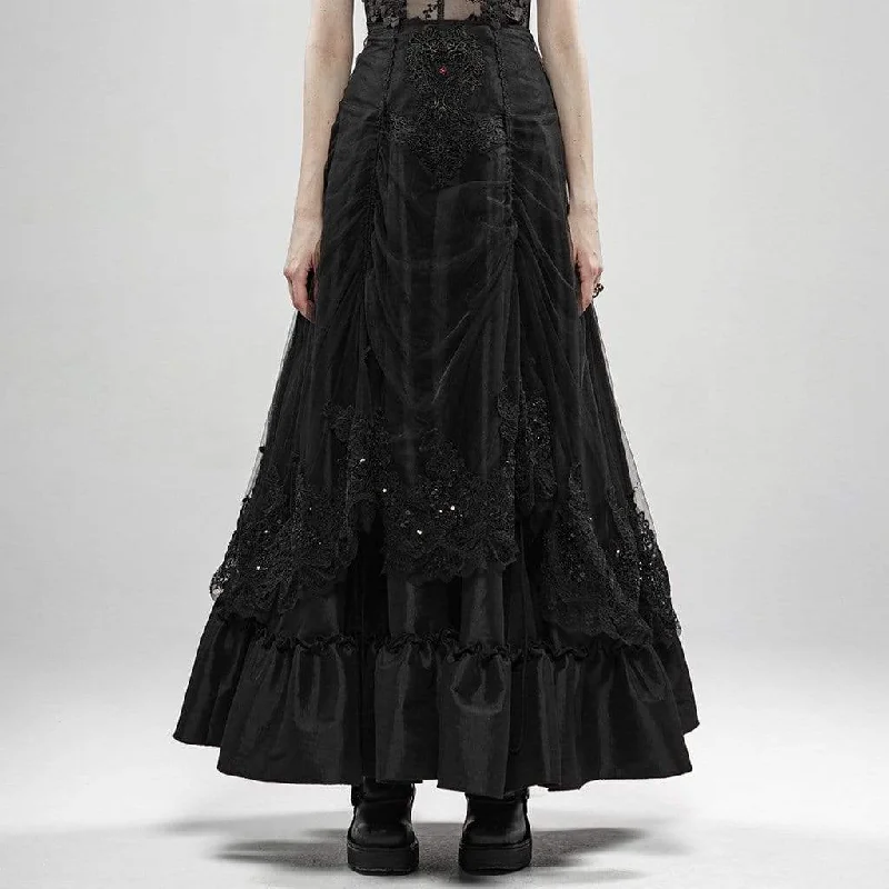 Women's Goth Multilayered Flower Embroidered Long Skirts Black leather skirt refined