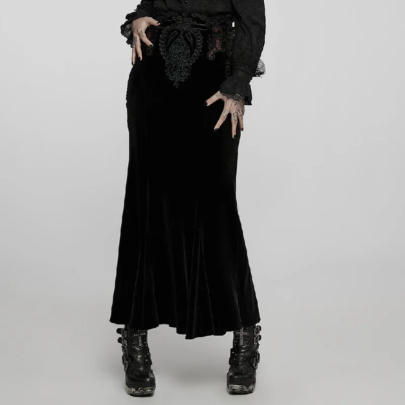 Women's Gothic Applique Fishtail Maxi Skirt silk skirt lustrous