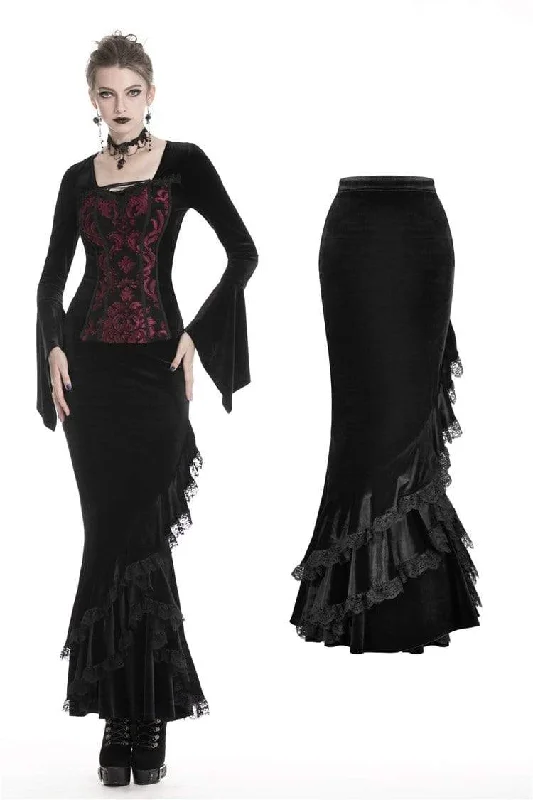 Women's Gothic Black Velvet Long Fishtail Pencil Skirts wool skirt warm