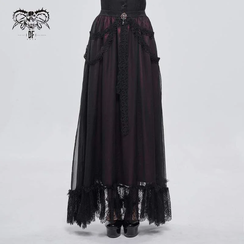 Women's Gothic Floral Lace Splice Layered Skirt linen skirt light